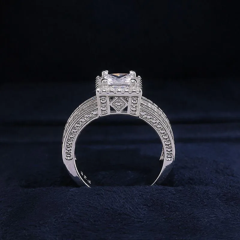 Vintage Court Mens Ring Silver Princess Cut CZ Stone Engagement Wedding Band Rings For Women Jewelry Gift