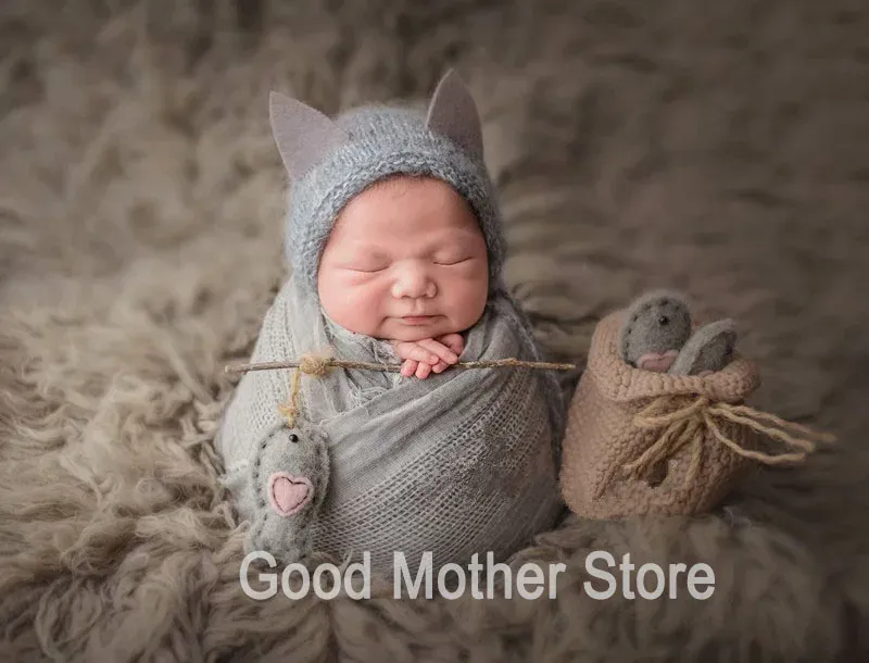 Kitten fishing gray hat set snakegourd rod set newborn photography props creative and lovely props accessory