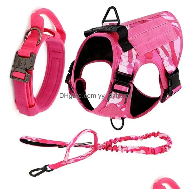 dog collars military harness collar leash set pink color adjustable pet tactical training vest german shepherd for large medium dogs