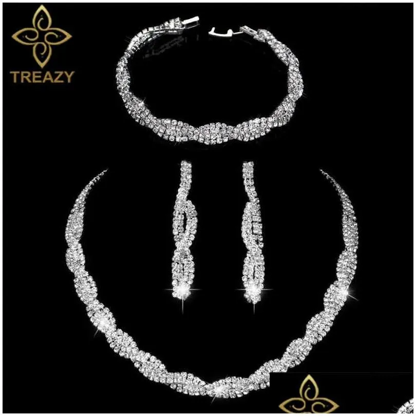 Bangle Designer Treazy Silver Color Rhinestone Crystal Bridal Jewelry Sets for Women Necklace Earrings Bracelet Set Wedding