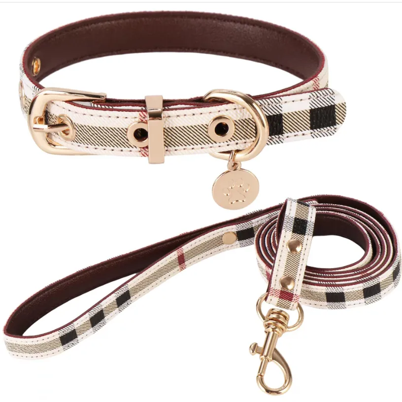 Step in Dog Harness and Leashes Set Classic Plaid Designer Dog Collar Leash Soft Adjustable Leather Pets Collars for Small bathshowers