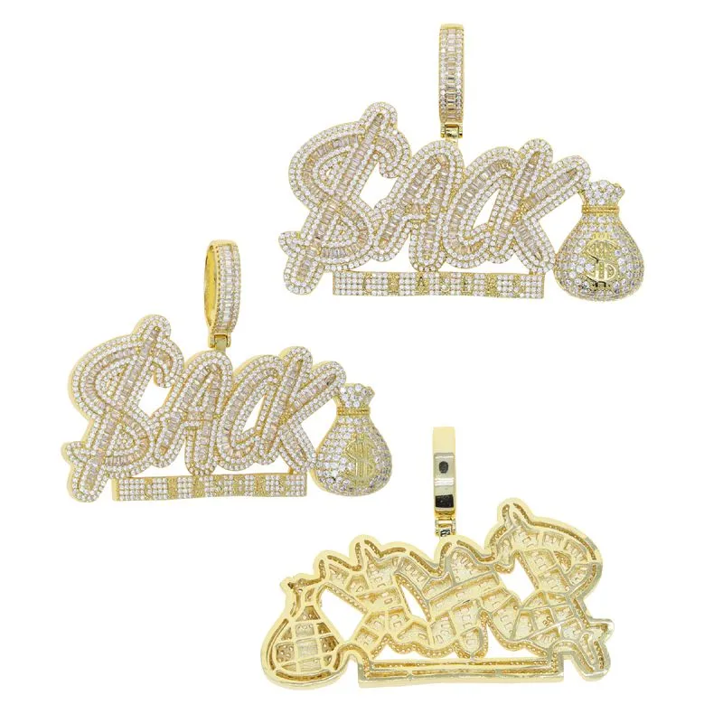 Iced Out Money Bag CZ Letter ACK Pendant Necklaces for Men Women Bling Cubic Zirconia Paved Charm Rapper Hip Hop Jewelry