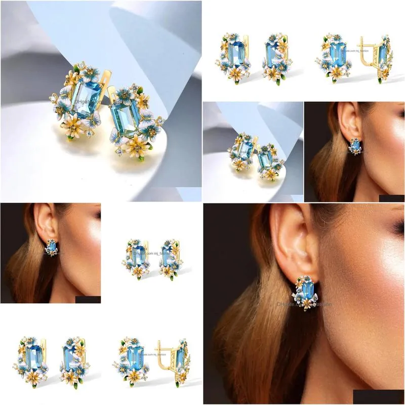 Stud Fashion Sea Blue Topaz 925 Sterling Sier Earrings Luxury 18K Gold Butterfly Flower Ear Handmade Enamel Jewelry 240113 Drop Deliv Dh0Lh