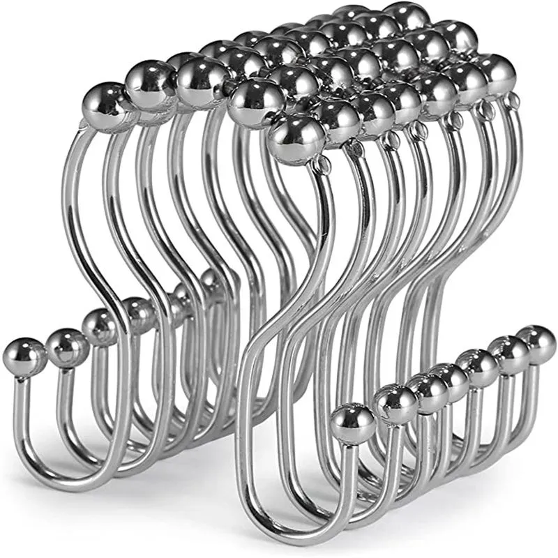 Shower Curtain Hooks 12 Piece Shower Curtain Rings Stainless Steel Roller Anti-Rust Anti-Drop Double Hooks For Curtains Bathroom