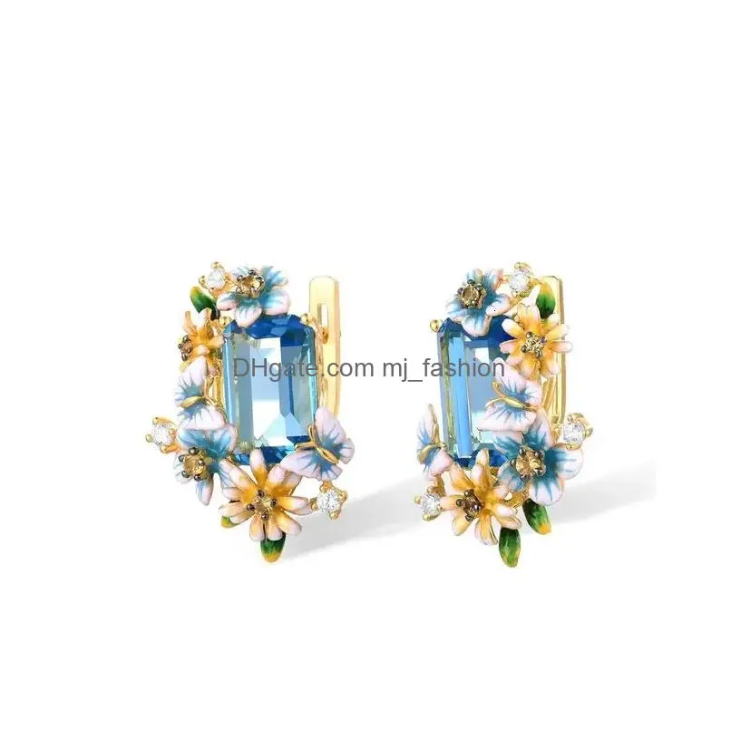 Stud Fashion Sea Blue Topaz 925 Sterling Sier Earrings Luxury 18K Gold Butterfly Flower Ear Handmade Enamel Jewelry 240113 Drop Deliv Dh0Lh