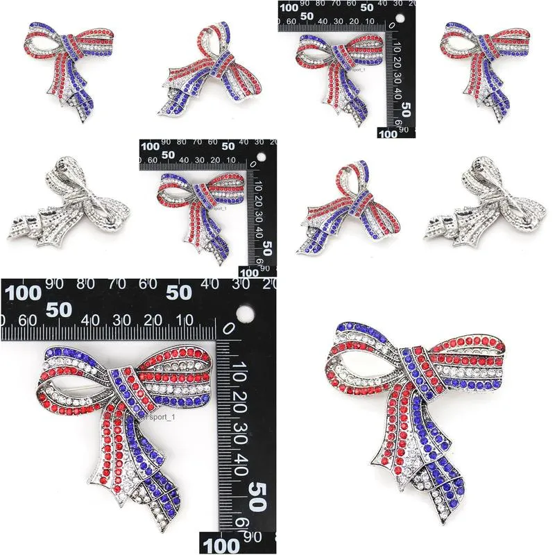 10 pcs/lot american flag brooch red and blue crystal rhinestone bow-knot shape 4th of july usa patriotic pins