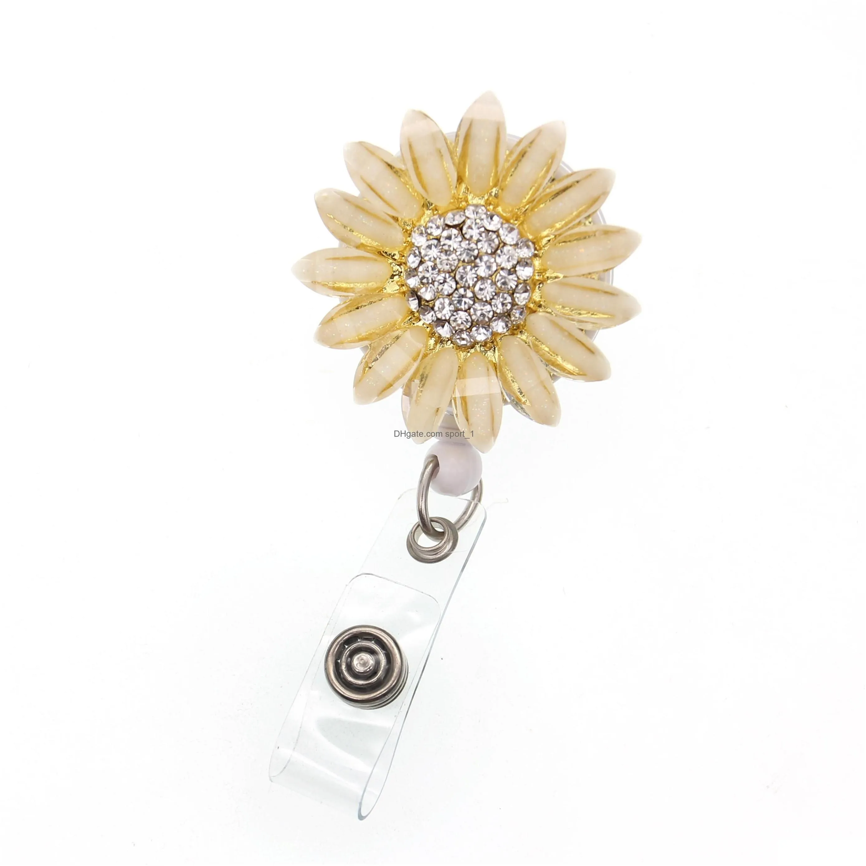 key rings multicolor rhinestone crystal retractable id reels silver plated sunflower badge holder for nurse doctor teacher gift