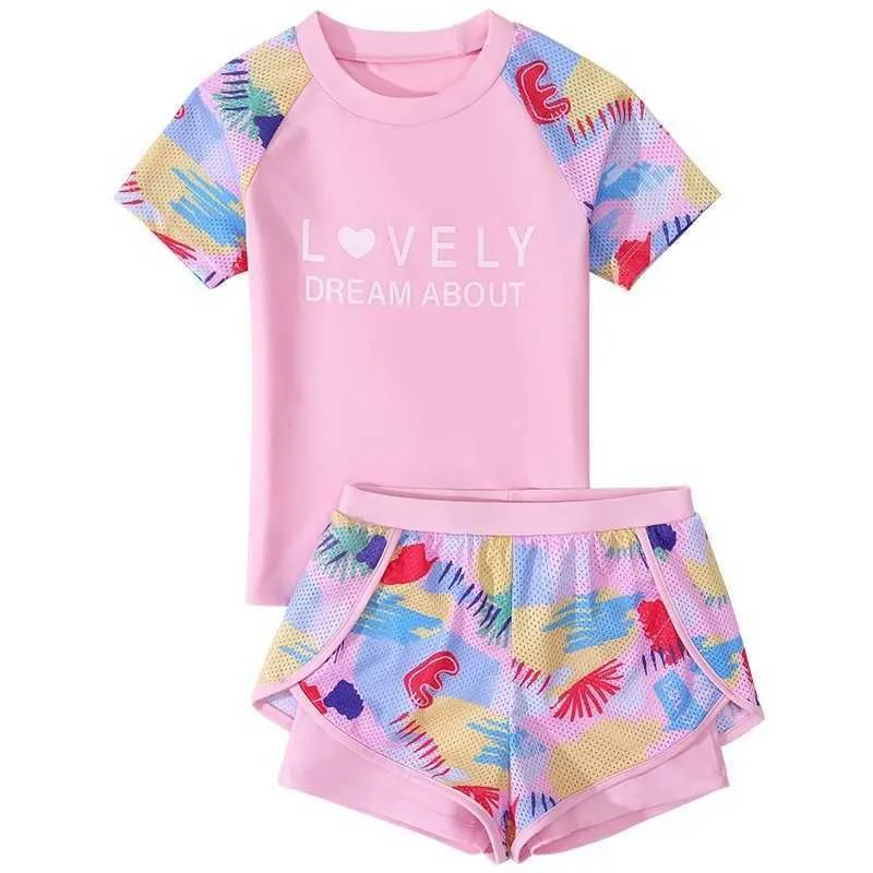 Children`s swimwear Girls` 2-piece UPF50+printed baby short sleeved children`s beach swimsuit P230602