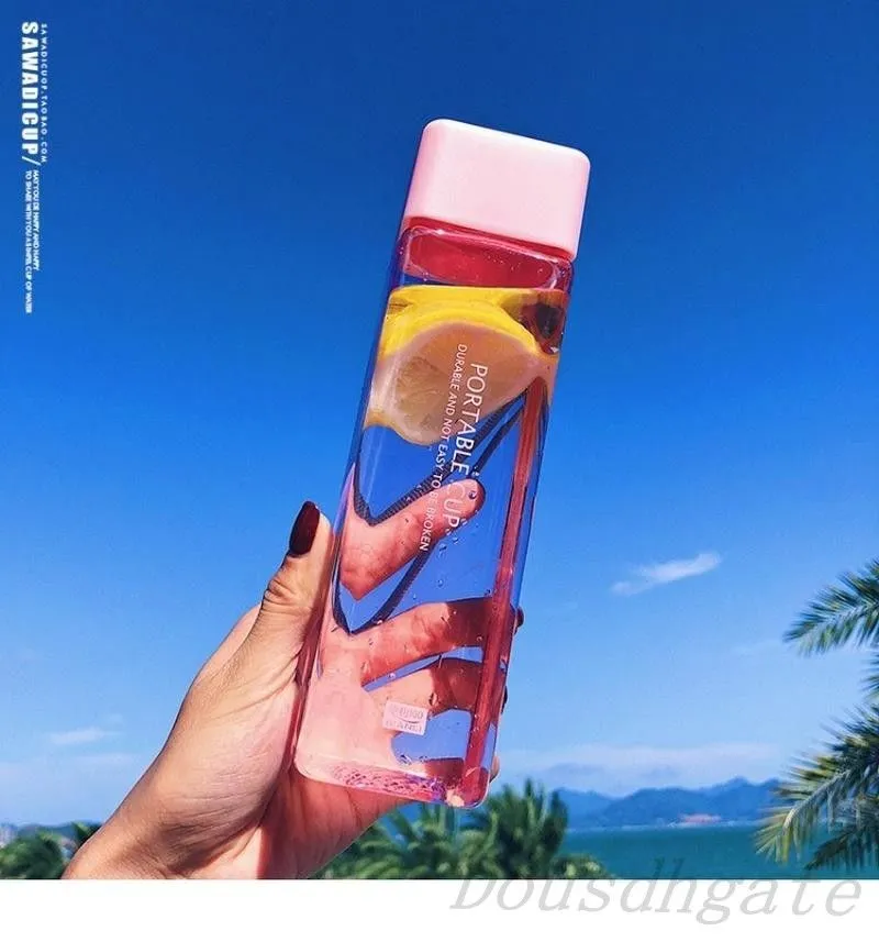 Cute New Square Tea Milk Fruit Water Cup 500ml for Water Bottles drink with Rope Transparent Sport Korean style Heat resistant