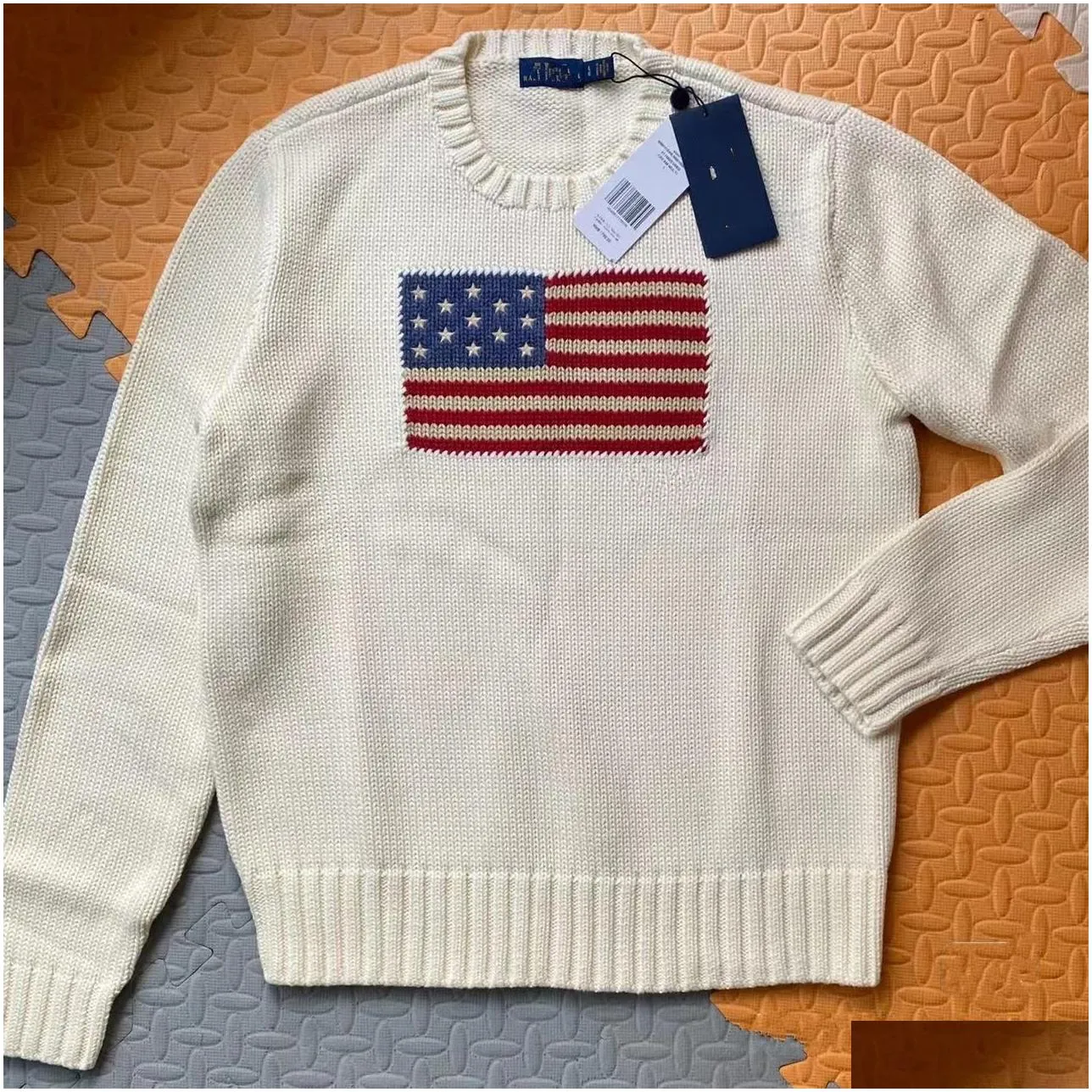 US Women`s outerwear knitted sweater American flag round neck sweater 2023 Winter high-end luxury fashion comfortable cotton pullover 100% cotton