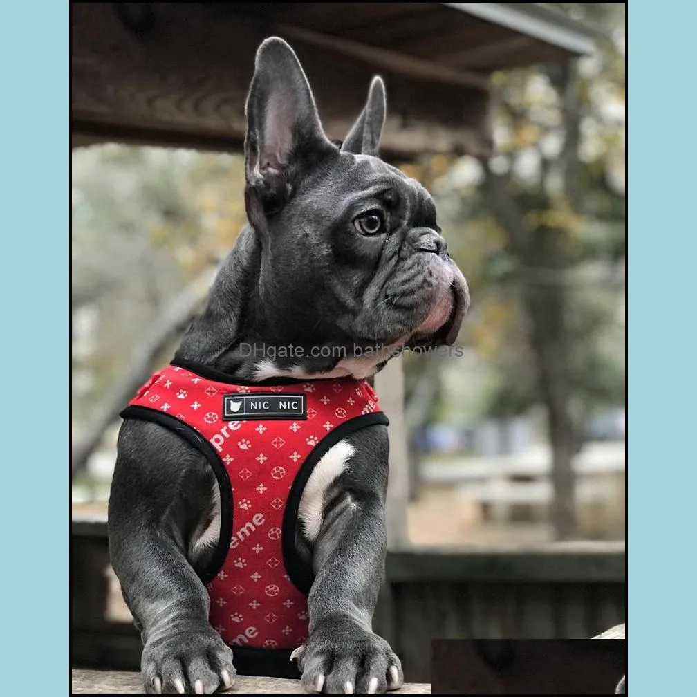 Dog Harness and Leashes Set Red Paw Print Printed Dog Harnesses Breathable Mesh Padded Puppy Vest Collar for Small Medium bathshowers