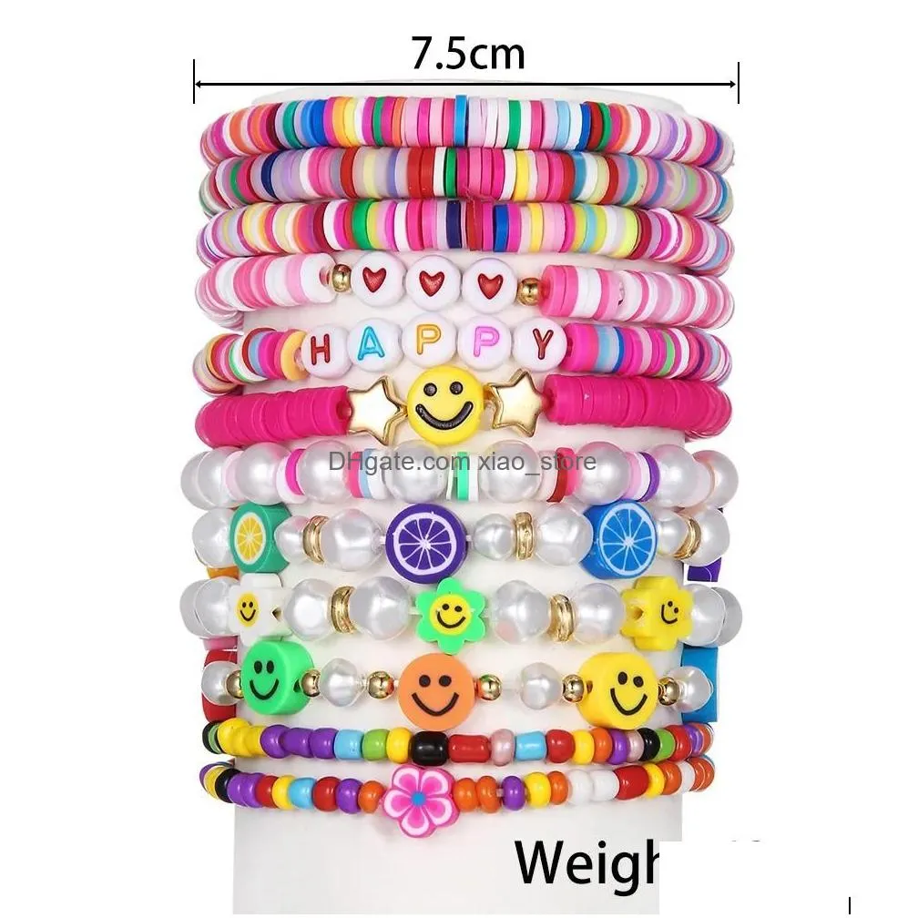 bracelets 12pcs/lot mixed style colorful polymer clay beaded bracelet smiley pearl love star for women girls jewelry set