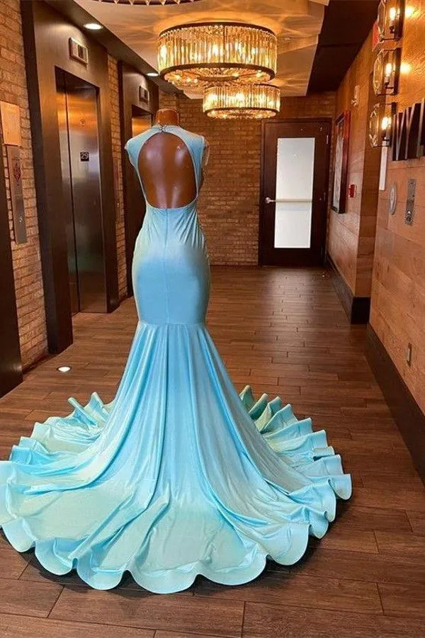 2024 Light Blue Mermaid Prom Dresses Jewel Neck Silver Crystal Rhinestone Beads Cap Sleeves Evening Gowns Formal Dress Sweep Train Open Back