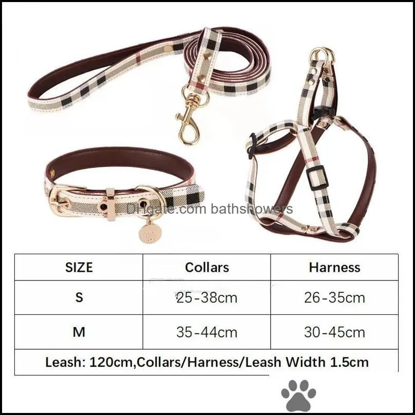 Dog Collar and Leashes Set Classic Plaid Pet Leash Step in Dog Harness Soft Adjustable Leather Designer Pets Collars for S bathshowers