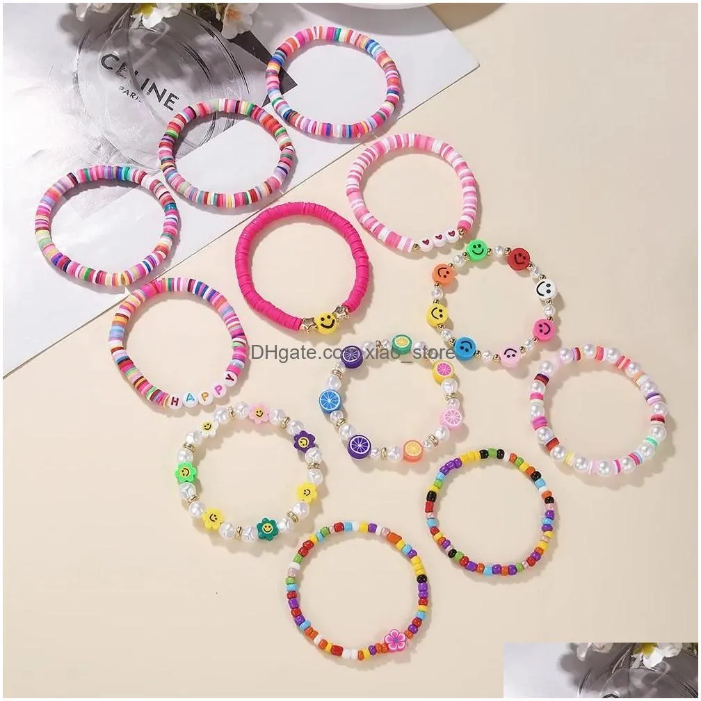 bracelets 12pcs/lot mixed style colorful polymer clay beaded bracelet smiley pearl love star for women girls jewelry set