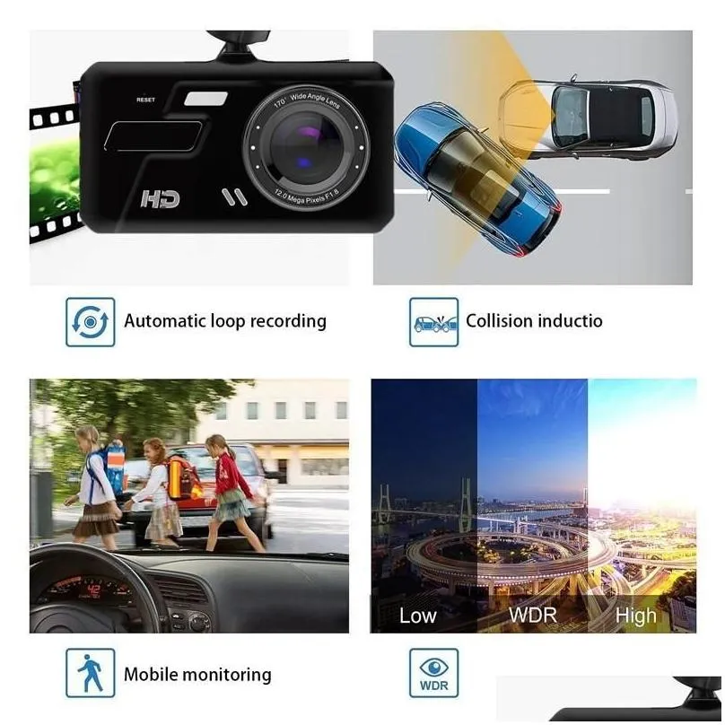 BT200 4 Inch IPS Touch Screen Dash Cam 1080P Car DVR Dual Lens Dash Camera Dashcam Wide Angle Video Recorder Rear Camera Night Vision