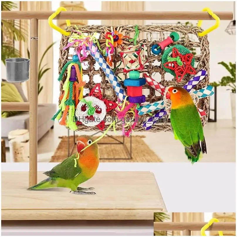 bird foraging wall toy edible seagrass woven climbing hammock mat with colorful chewing toys suitable for lovebirds finch parakeets budgerigars conure 
