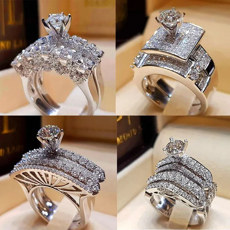 Luxury Female Big Ring Set Fashion 925 Silver Love Bridal Promise Engagement Ring Vintage Diamond Rings For Women