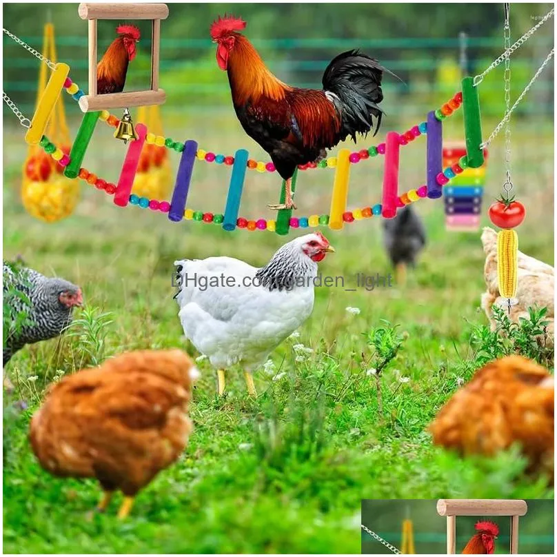 other bird supplies 6pcs chicken toys set chewing foraging parrot playing training with wooden swing fruit vegetable hanging feeder