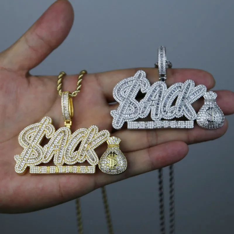 Iced Out Money Bag CZ Letter ACK Pendant Necklaces for Men Women Bling Cubic Zirconia Paved Charm Rapper Hip Hop Jewelry