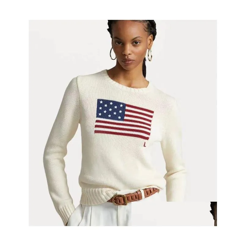 US Women`s outerwear knitted sweater American flag round neck sweater 2023 Winter high-end luxury fashion comfortable cotton pullover 100% cotton