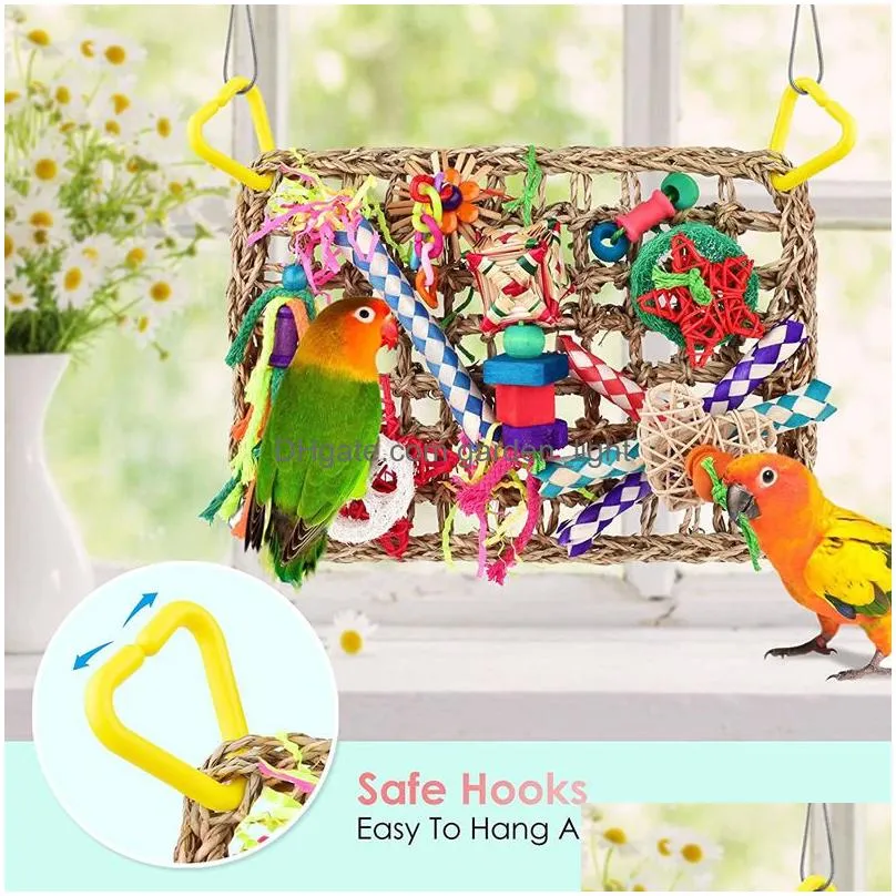 bird foraging wall toy edible seagrass woven climbing hammock mat with colorful chewing toys suitable for lovebirds finch parakeets budgerigars conure 