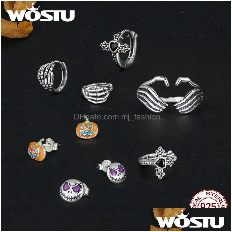 Charm Wostu 925 Sterling Sier Skeleton Pumpkin Luminous Stud Earrings Original Special Design Ear Studs Women Men Punk Jewelry Gift D Dhqzu