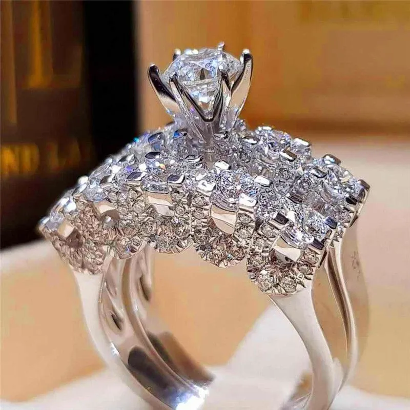 Luxury Female Big Ring Set Fashion 925 Silver Love Bridal Promise Engagement Ring Vintage Diamond Rings For Women