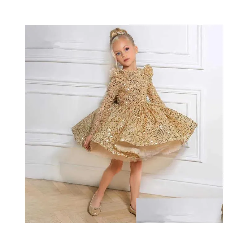 Girl`s Dresses Sequin Kids Dress for Girls Wedding Golden Tulle Lace Girl Dress Elegant Princess Party Pageant Formal Gown For Baptism Come