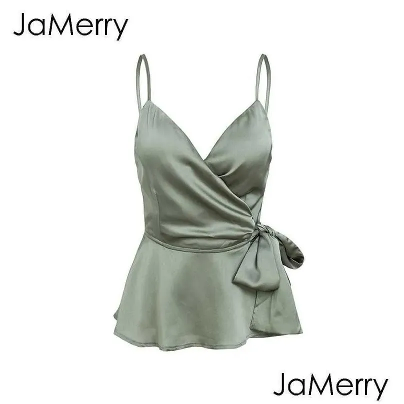 Women`S Tanks & Camis Jamerry Y Wrap Satin Cami Crop Women Adjustable Strap Summer Top Elegant Sash Peplum Sleeveless Shirt Ladies Top Dhutq