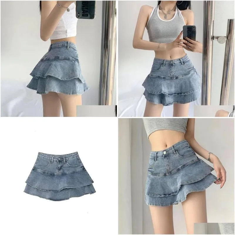 Skirts Houzhou Y Ruffle Mini Skirt Denim Women Summer Vintage Cute High Waist Work A-Line Short Jeans Gyaru Streetwear 231227 Drop De Dhg6X