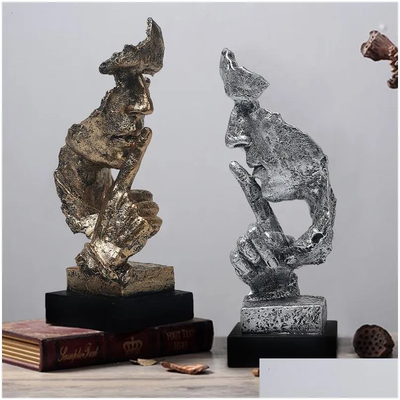 Decorative Objects Figurines Nordic Creative Silence Is Gold Statue Resin Thinker Sculpture Figurine Vintage Home Office Decoration Modern Art Resin Decor