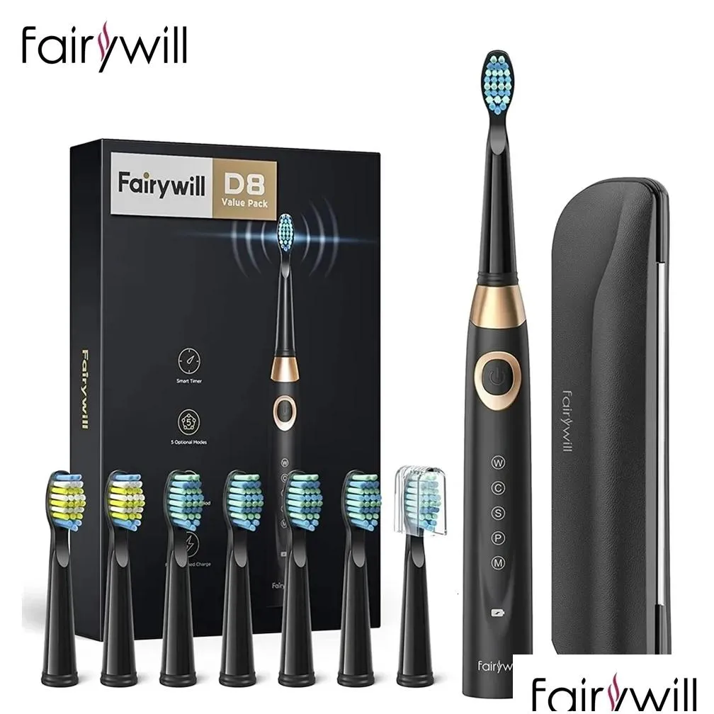 Toothbrush Fairywill Electric es for Adults Kids 5 Modes Smart Timer Rechargeable Whitening Sonic with 10 Brush Heads 230515