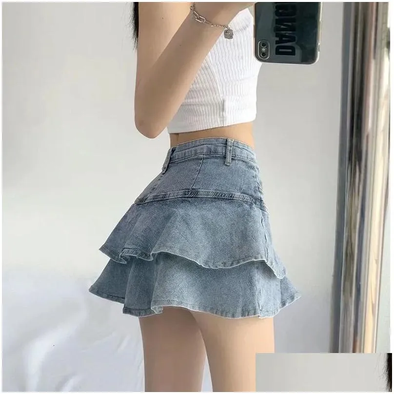 Skirts Houzhou Y Ruffle Mini Skirt Denim Women Summer Vintage Cute High Waist Work A-Line Short Jeans Gyaru Streetwear 231227 Drop De Dhg6X