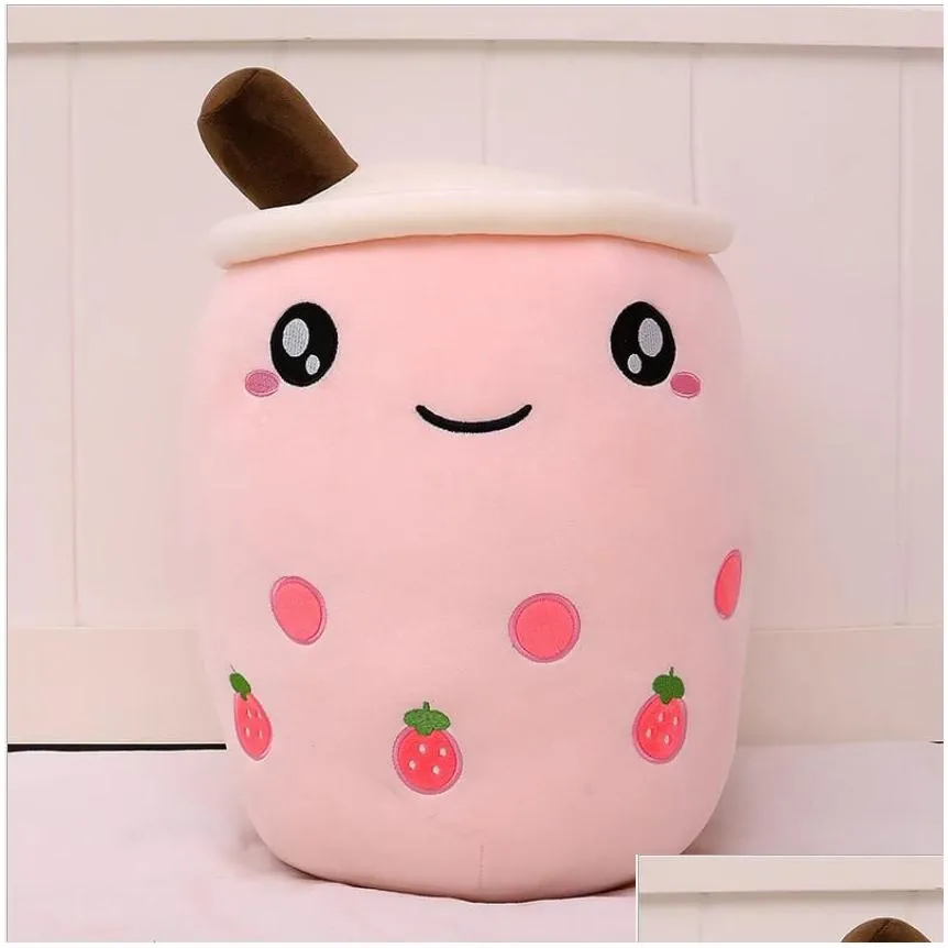 Cute Fruit Drink Stuffed Soft Pink Strawberry Milk Tea Cup Plush Boba Toy Foam Pillow Cushion Children`s And Valentine`s Day Gift