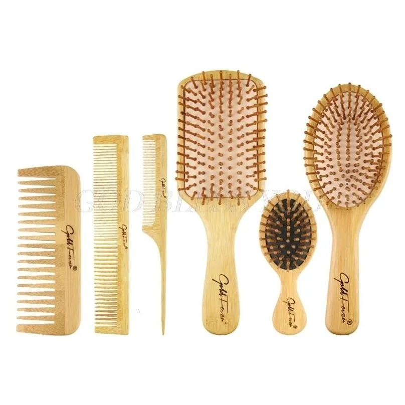 Hair Brushes 6Pcs Wood Combs Set Healthy Paddle Scalp Hairbrush Bamboo Cushion Head Massage Brush Hair Care Drop 230529