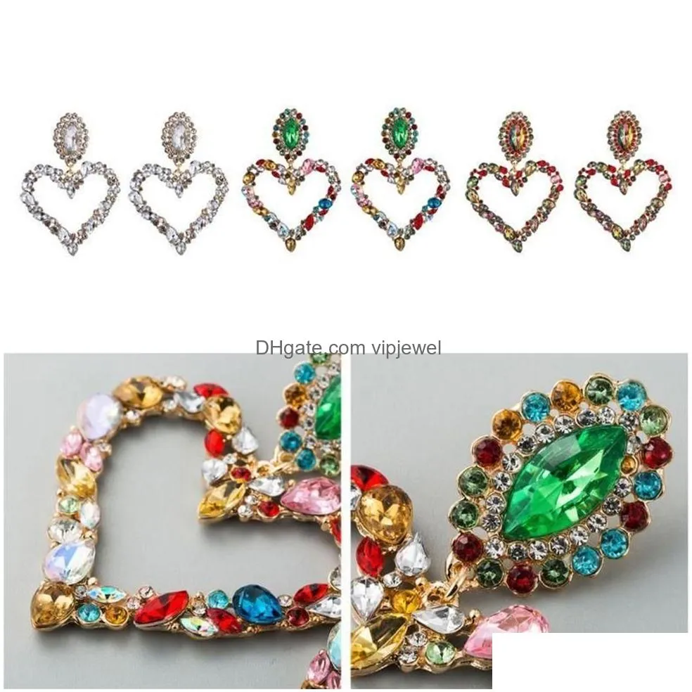1 pair shiny rainbow crystal rhinestone large heart pendant dangle bib earrings statement earrings women fashion jewelr2430