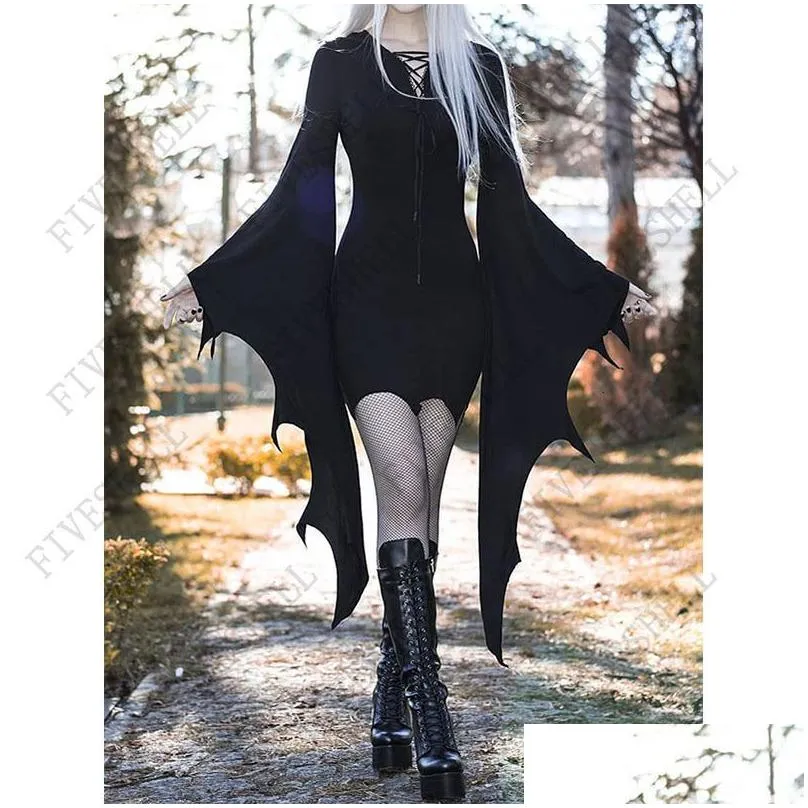 Theme Costume Halloween Costumes For Women Gothic Medieval Cosplay Dress Forest Elf Pixie Black Bodycon Mini Bandage Bat Wing Disfraz Dhnmr