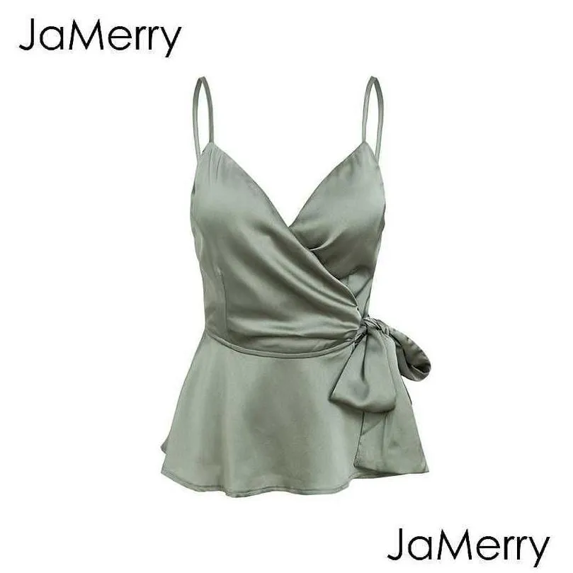 Women`S Tanks & Camis Jamerry Y Wrap Satin Cami Crop Women Adjustable Strap Summer Top Elegant Sash Peplum Sleeveless Shirt Ladies Top Dhutq