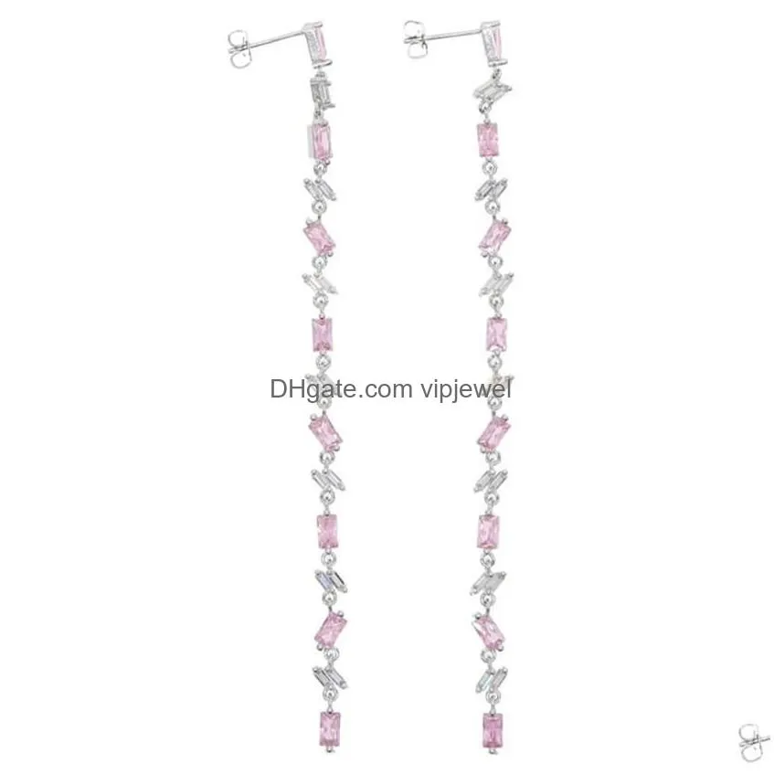 dangle chandelier high quality iced out baguette cz pink white cubic zirconia long tassel dangling women earring1988