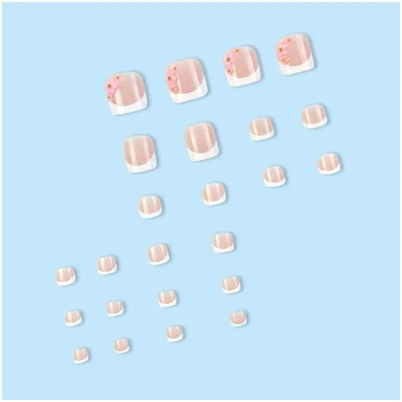 False Nails 24pcs French White Fake Toenail Patch With Flower Rhinestone Design Artificial Toe Nail Tips For Women Lady Summer DIY