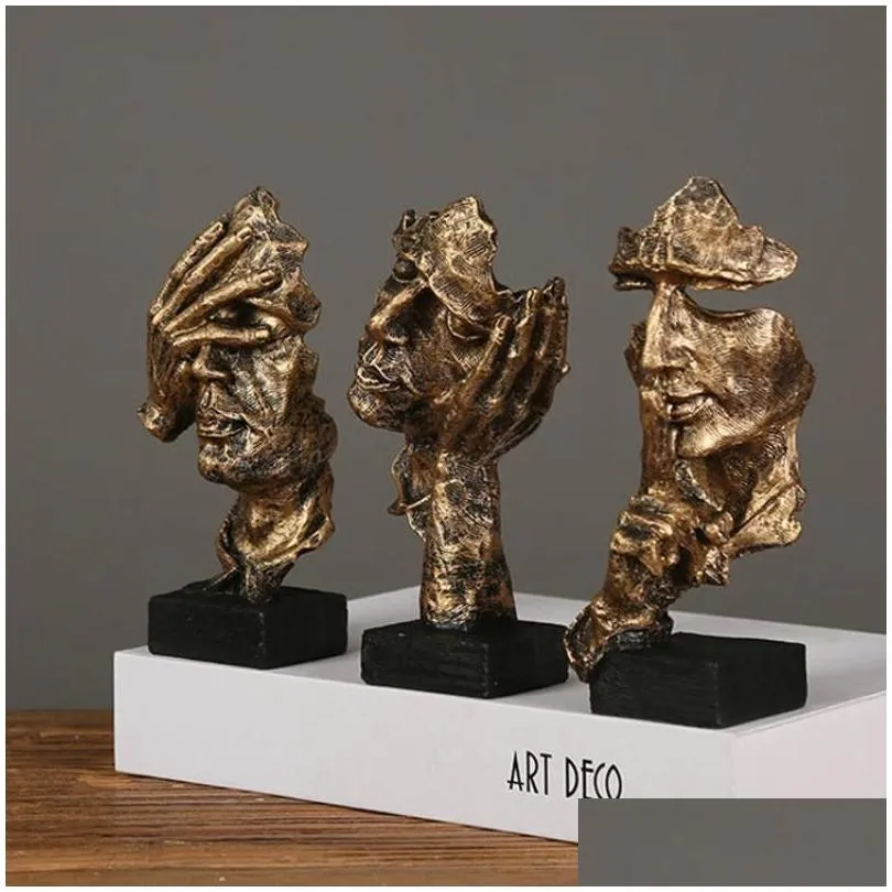 Decorative Objects Figurines Nordic Creative Silence Is Gold Statue Resin Thinker Sculpture Figurine Vintage Home Office Decoration Modern Art Resin Decor