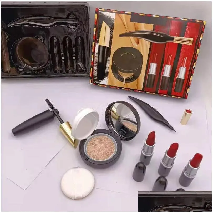 6pcs/set Makeup Set Cosmetic Bundle 3 lipsticks+1 mascara+1 eyeliner+1 cusion make-up kit Christmas Gift