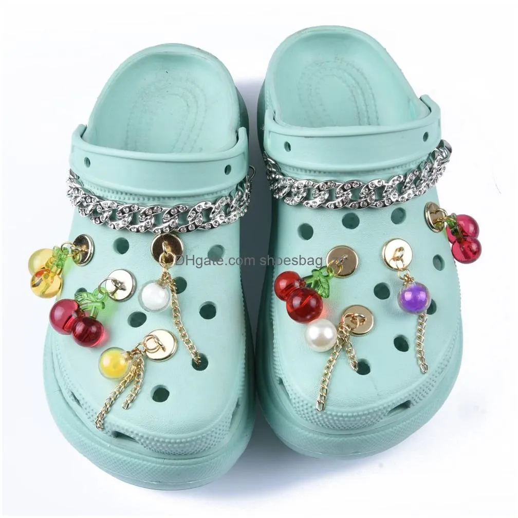 Wholesale Resin Charms Pearl Chain Cherry Swan Rose Woman Accessories For Clog Sandals Shoes Decoration