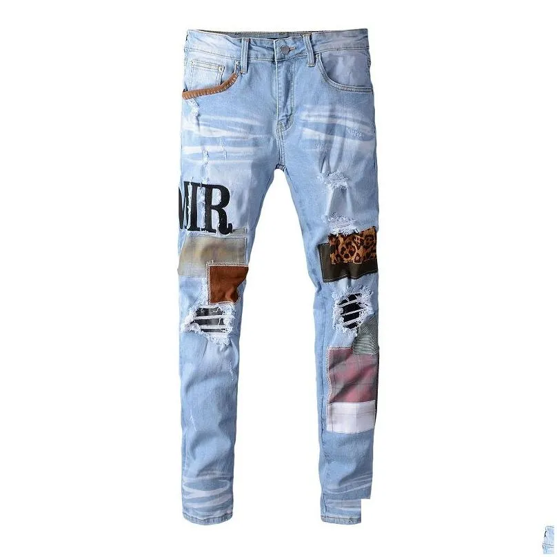 designer jeans men letter brand logo white black rock revival trousers biker Pants man pant Broken hole embroidery Size 28-40 Quality
