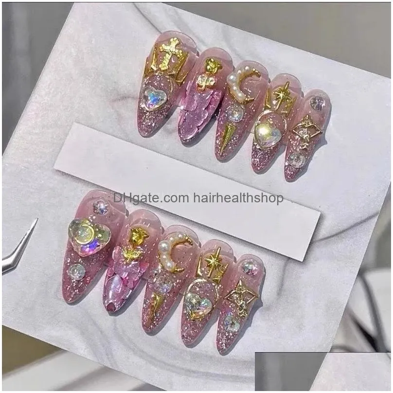 False Nails Handmade Pink Glittery Y2K Fake Nail With Glue Detachable Luxury False Nails Tips Reusable Press On Nails Coffin Manicure Art