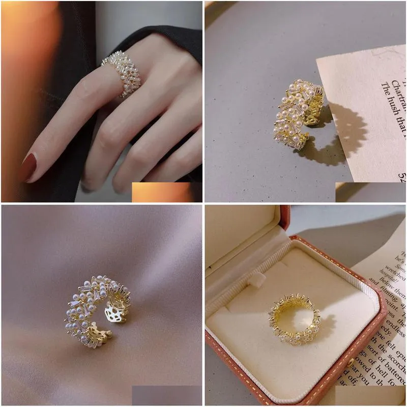 Korean Fashion Pearl Zircon Open Adjustable Rings for Woman Party Unusual Girls 14k Yellow Gold Ring Valentines Day Gift Jewelry Anillos