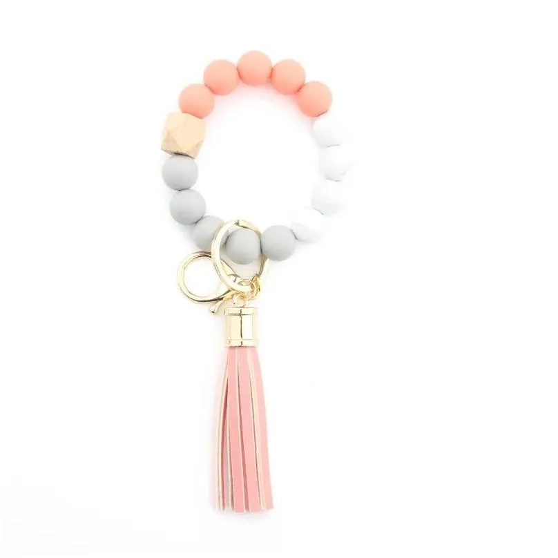 Silicone Keychains Tassel Wood Beads Bracelet Keyring Pendant For Women Accessories Party Supplies