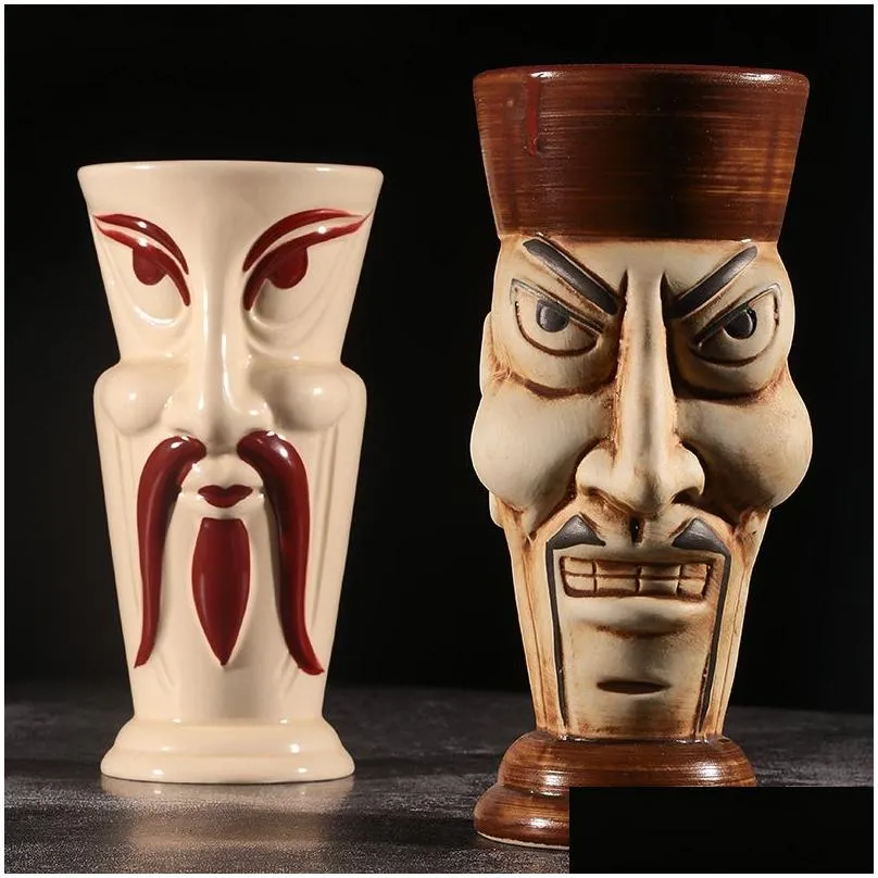 Mugs Hawaii Ceramic Tiki Mug Creative Cocktail Cup Easter Island Tiki Mugs Halloween Gift for Bar Tool 230607