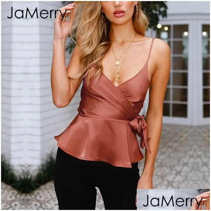 Women`S Tanks & Camis Jamerry Y Wrap Satin Cami Crop Women Adjustable Strap Summer Top Elegant Sash Peplum Sleeveless Shirt Ladies Top Dhutq